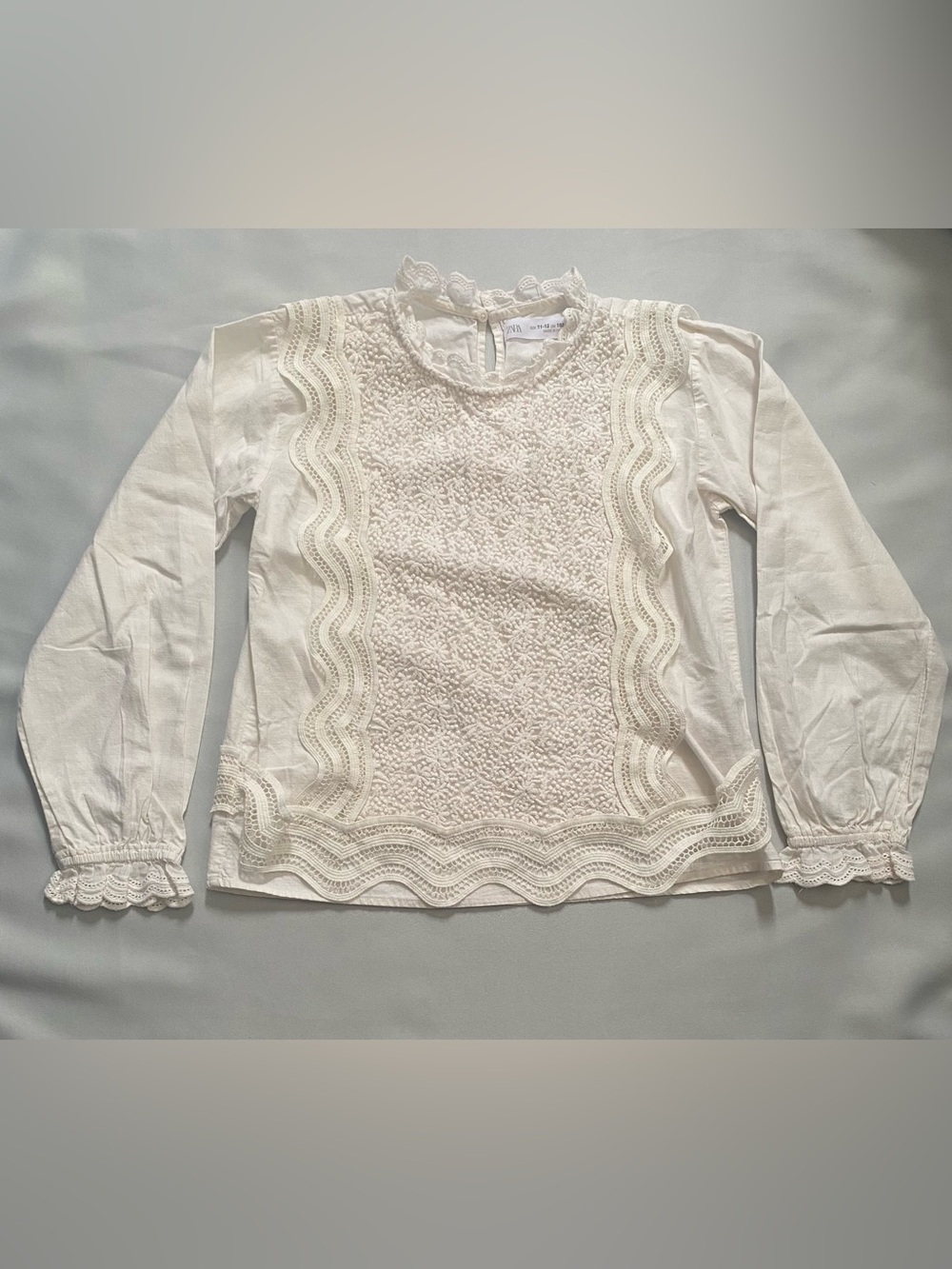 ZARA Girls White Lace Embroidered Ruffle Long Sleeve Blouse Size 11-12 ***READ